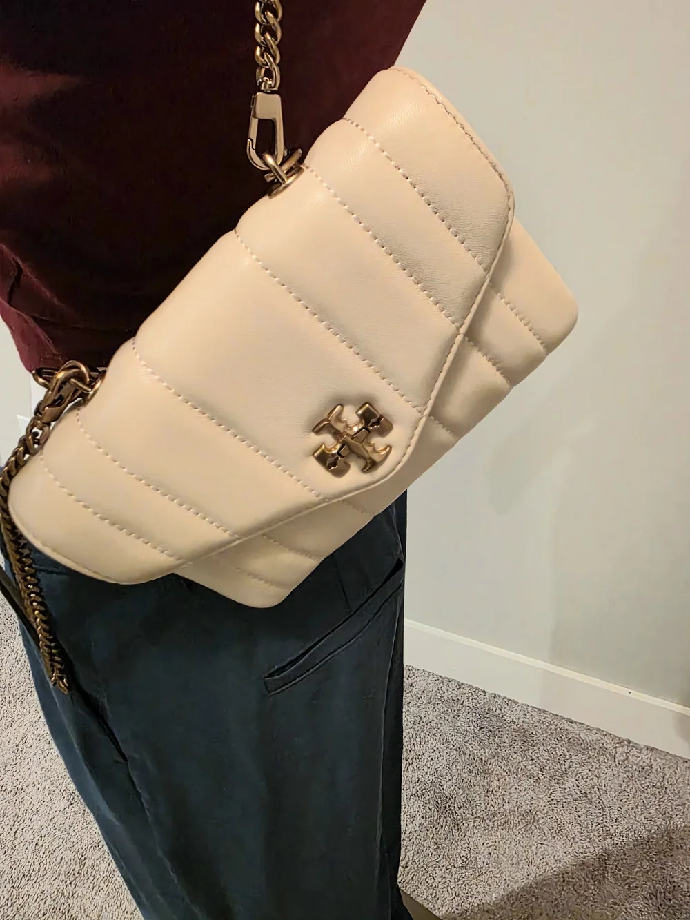 Tory Burch Cream Quilted Top-Handle Satchel with Gold Hardware